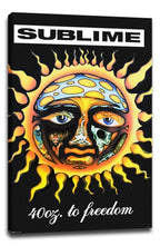 Sublime 40oz. to Freedom canvas wall art print displays a fiery sun face with blue eyes and collage-like facial details.