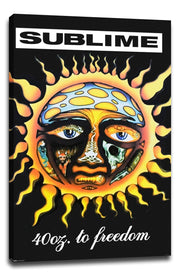 Sublime 40oz. to Freedom canvas wall art print displays a fiery sun face with blue eyes and collage-like facial details.