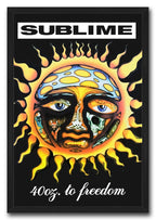 Sublime 40oz. to Freedom framed wall art print presents a vivid flame-ringed sun face beneath bold band lettering.