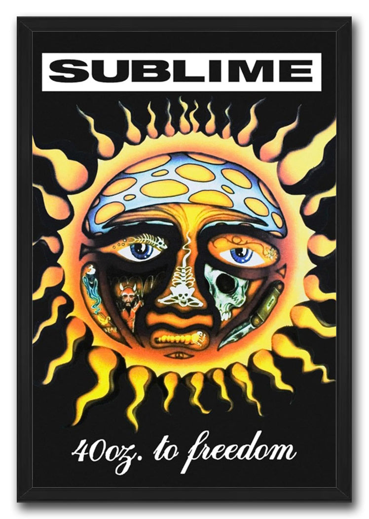 Sublime 40oz. to Freedom framed wall art print presents a vivid flame-ringed sun face beneath bold band lettering.