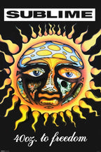 Sublime 40oz. to Freedom poster features a flaming yellow sun with a surreal face, blue eyes, skull, fish, and pen on black.
