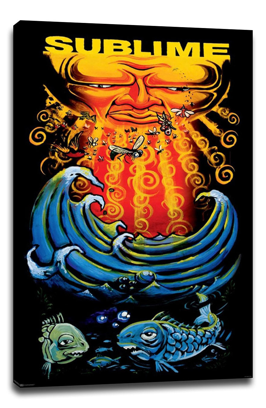 Sublime canvas wall art print featuring a yellow-orange sun face above blue ocean waves, bees, and stylized fish.