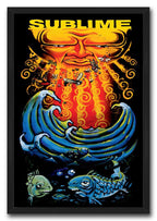 Sublime framed wall art print with a fiery sun face, swirling golden patterns, crashing blue waves, and fish.