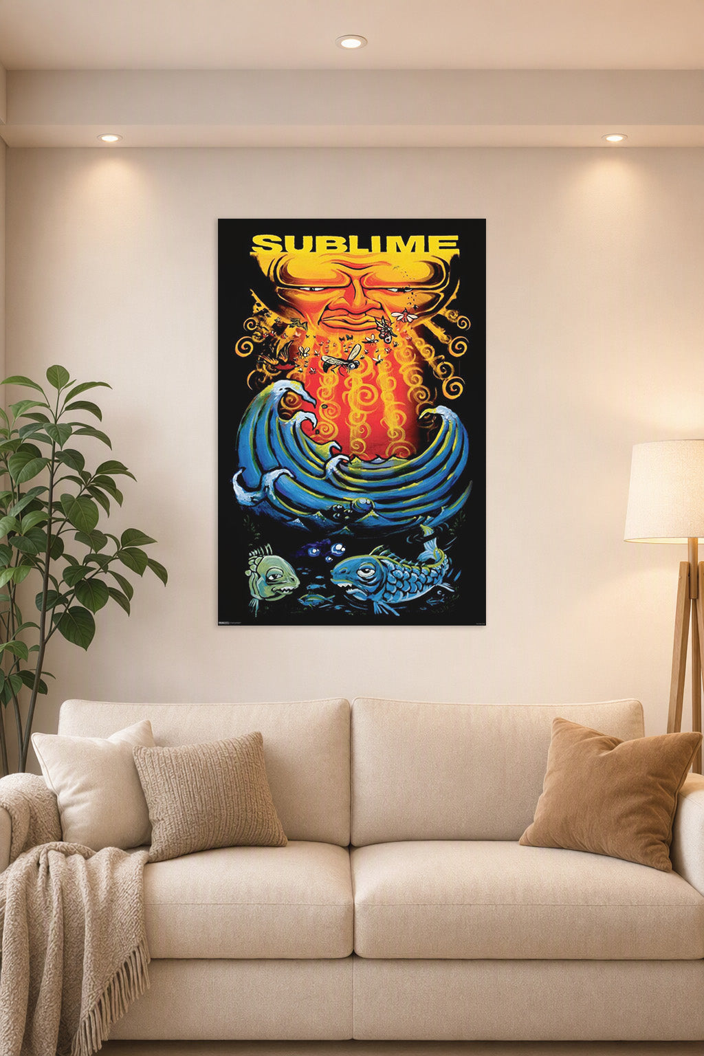 Sublime- Sun & Fish Music in a bright living room above a beige sofa.
