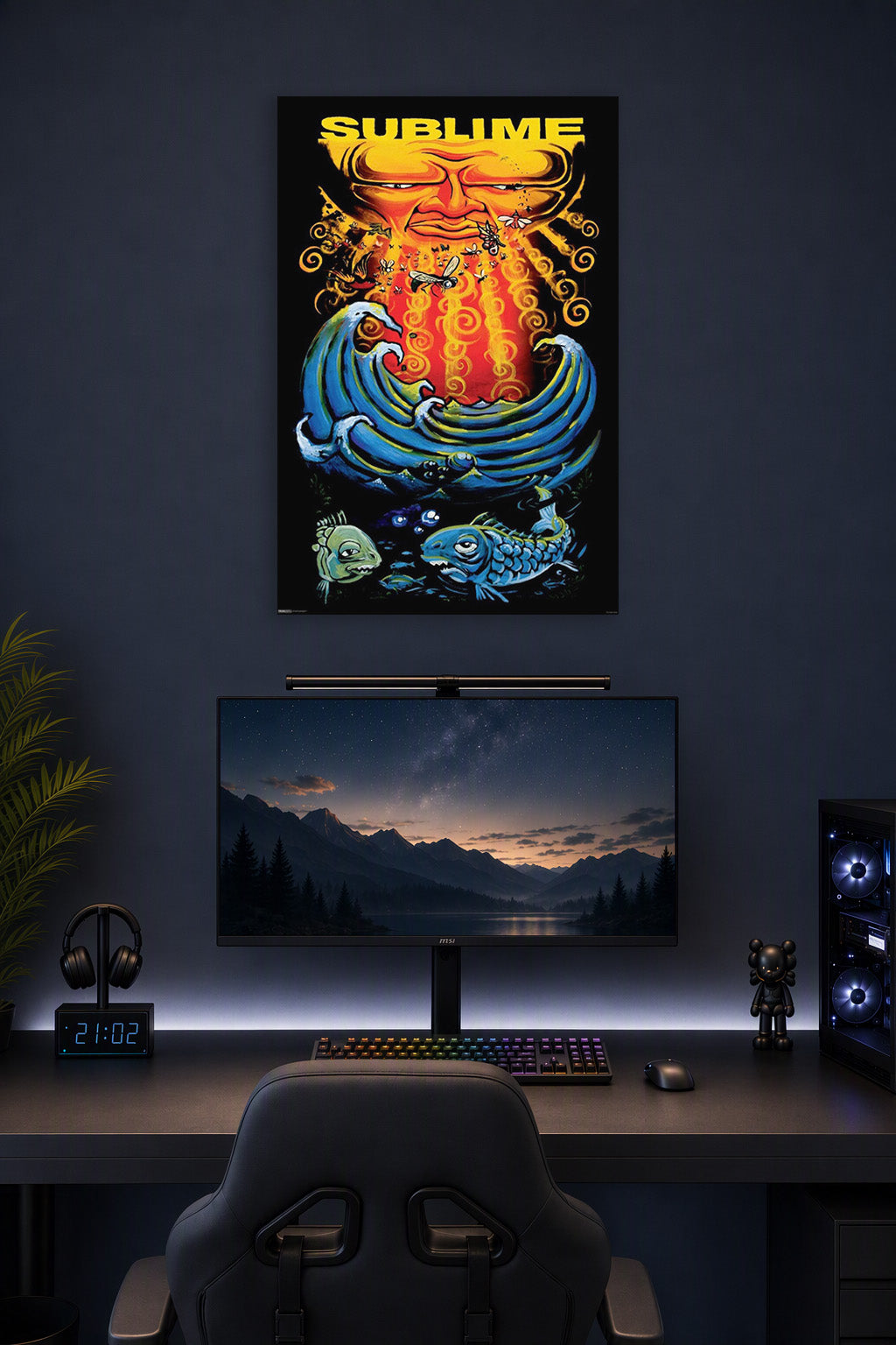 Sublime- Sun & Fish Music in a gaming desk setup above a monitor.