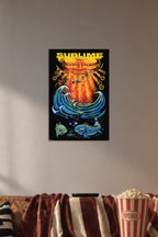 Sublime- Sun & Fish Music in a cozy movie room above a brown sofa with popcorn.