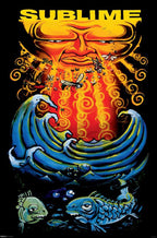 Sublime poster artwork with a glowing orange sun face, flying bees, curling waves, and blue fish on black.