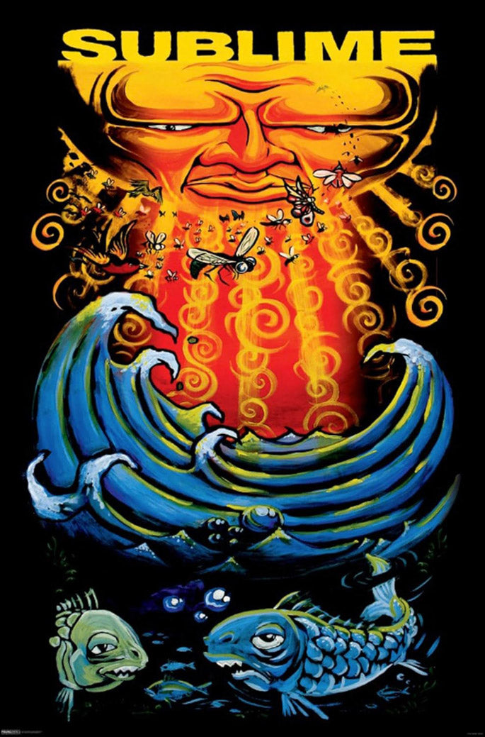 Sublime poster artwork with a glowing orange sun face, flying bees, curling waves, and blue fish on black.