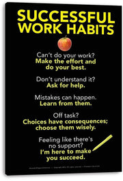 Successful Work Habits canvas wall art print with yellow and white productivity advice, red apple, and pencil on a black background.