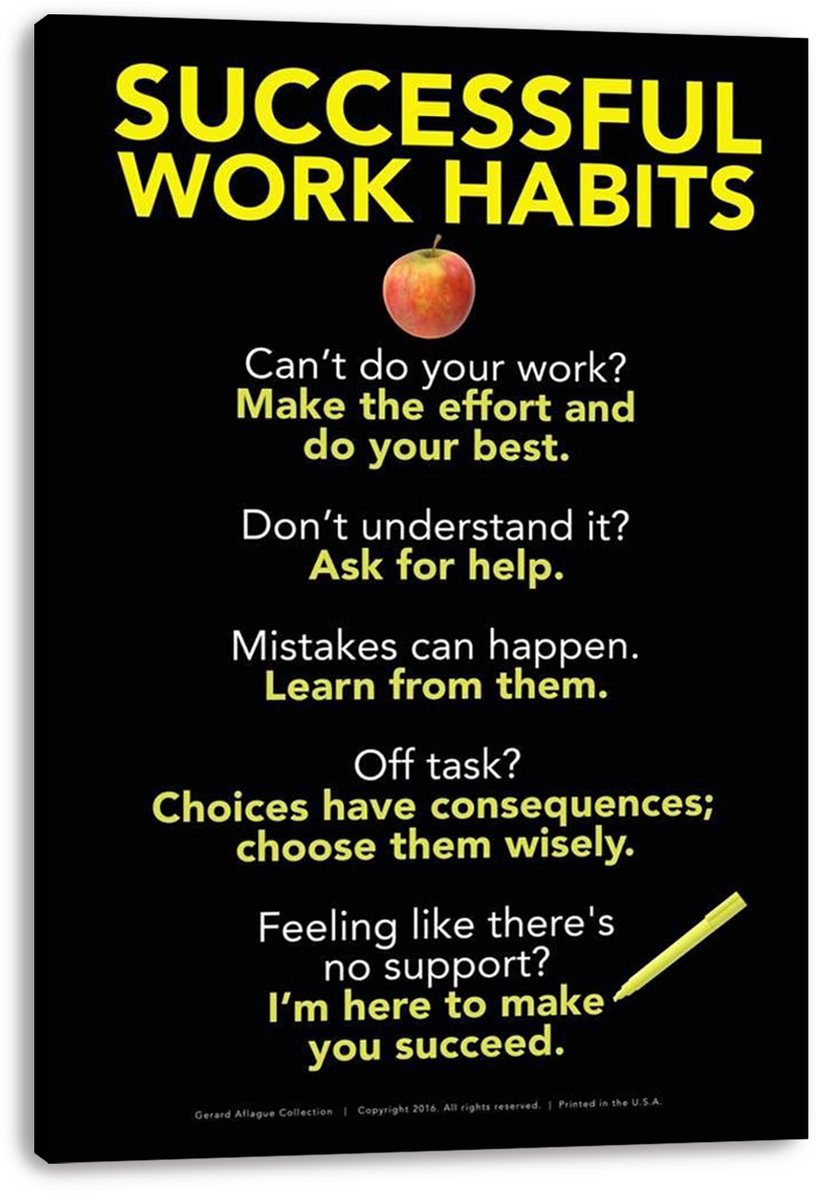 Successful Work Habits canvas wall art print with yellow and white productivity advice, red apple, and pencil on a black background.
