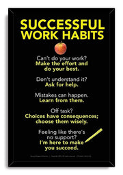 Successful Work Habits framed wall art print in a black frame, featuring yellow and white work habit reminders, apple, and pencil.