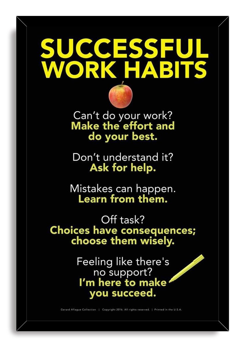 Successful Work Habits framed wall art print in a black frame, featuring yellow and white work habit reminders, apple, and pencil.