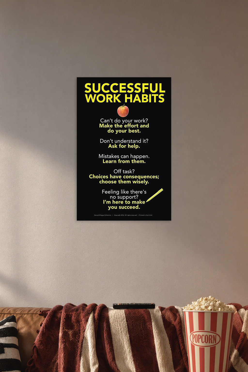 Successful Work Habits in a cozy movie room above a brown sofa with popcorn.