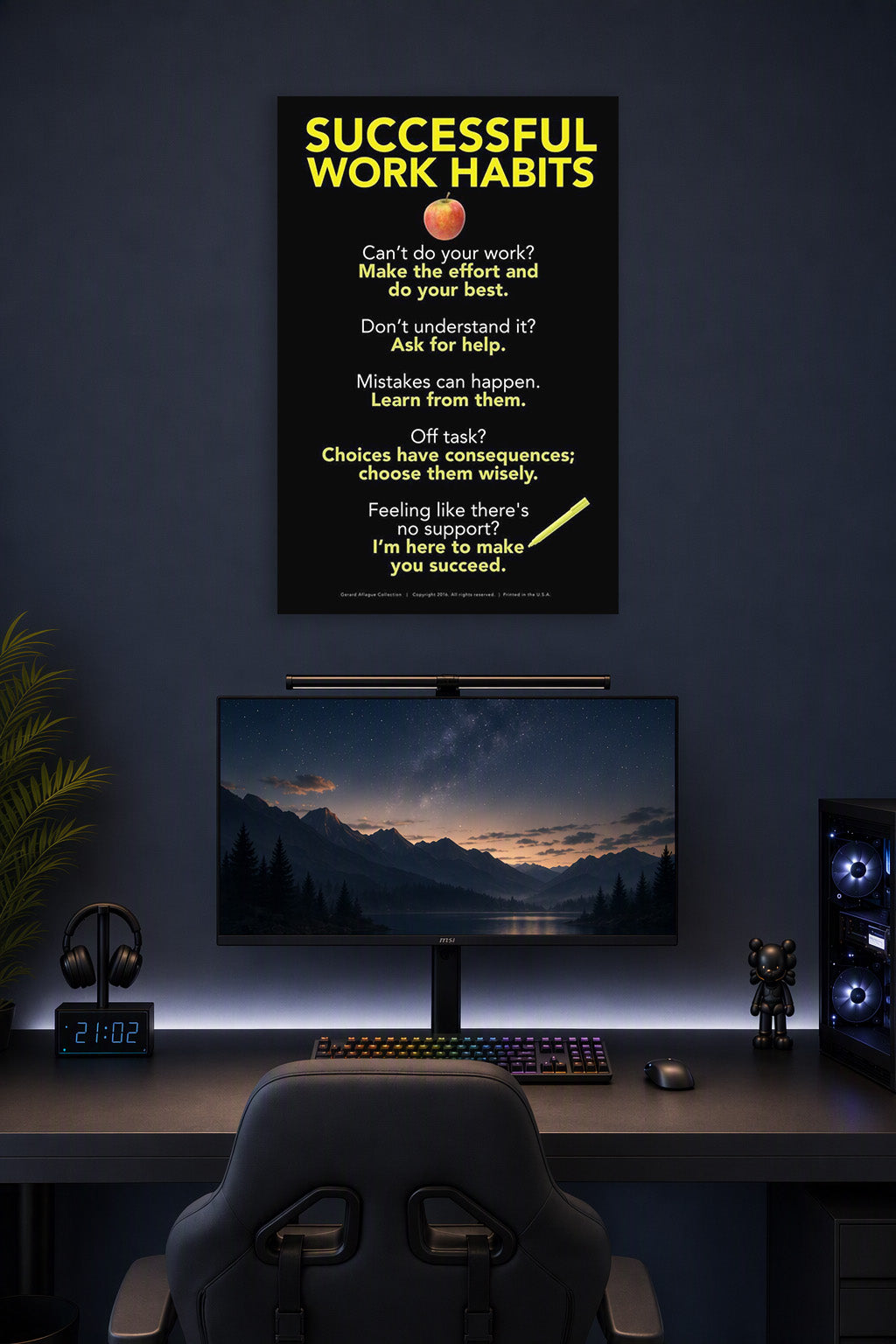 Successful Work Habits in a gaming desk setup above a monitor.
