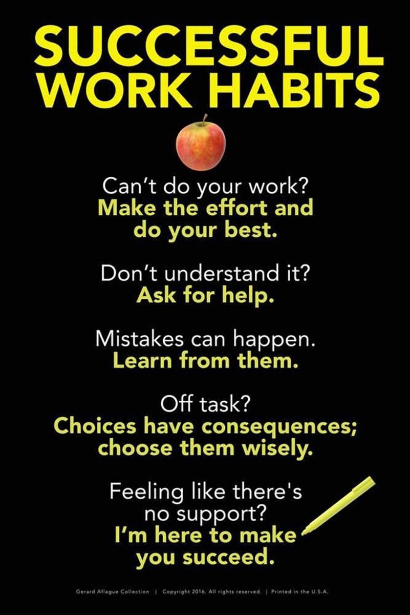 Successful Work Habits wall art print with bold yellow and white motivational text, a red apple, and yellow pencil on black.