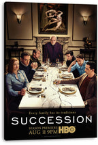 Succession wall art print on stretched canvas depicts the Roy family at a tense marble-table dinner beneath a dramatic painting.
