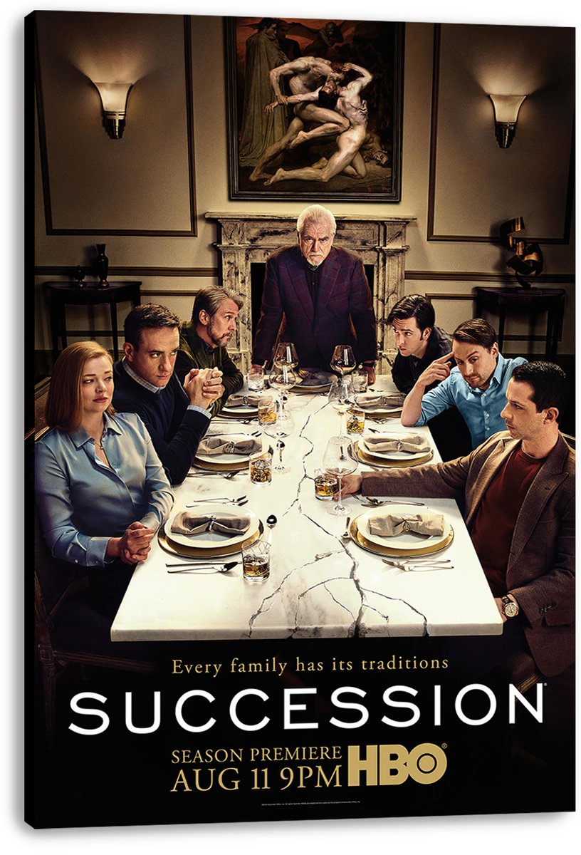 Succession wall art print on stretched canvas depicts the Roy family at a tense marble-table dinner beneath a dramatic painting.