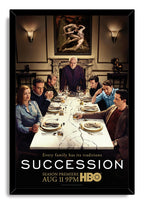 Succession framed wall art print portrays Logan Roy and his family around a cracked white dining table, with gold lettering below.