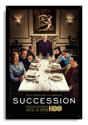 Succession framed wall art print portrays Logan Roy and his family around a cracked white dining table, with gold lettering below.