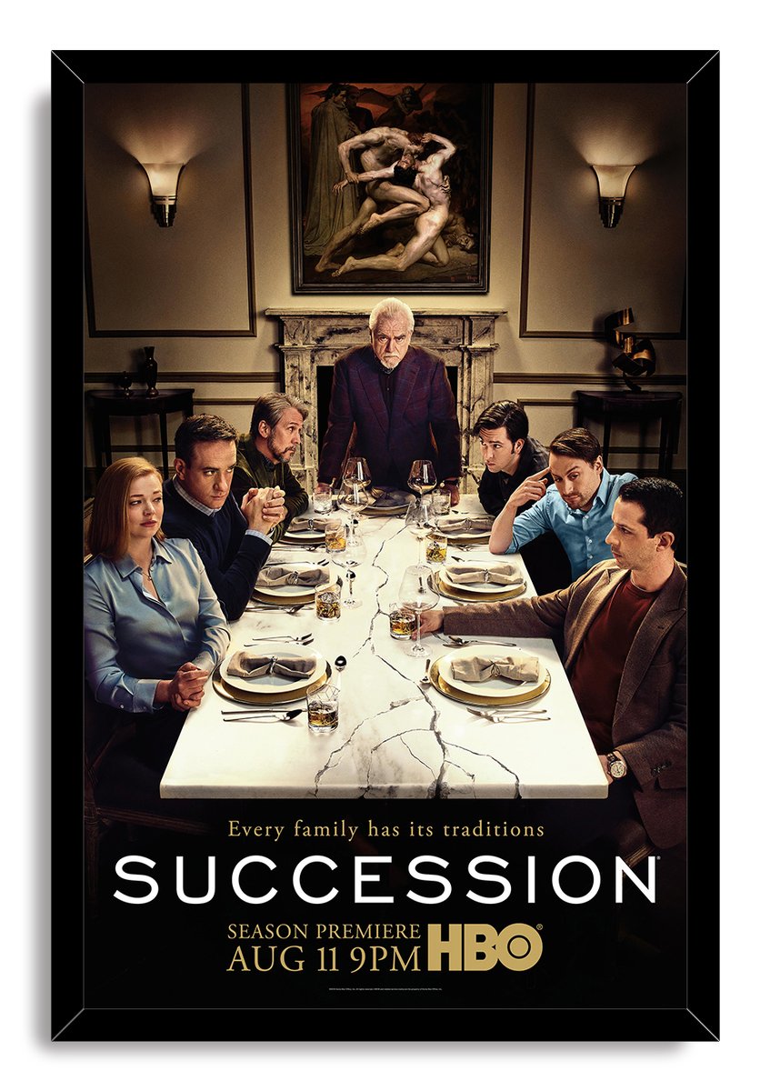Succession framed wall art print portrays Logan Roy and his family around a cracked white dining table, with gold lettering below.