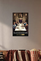 Succession TV Series Roy Family in a cozy movie room above a brown sofa with popcorn.