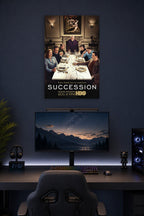 Succession TV Series Roy Family in a gaming desk setup above a monitor.