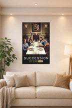 Succession TV Series Roy Family in a bright living room above a beige sofa.