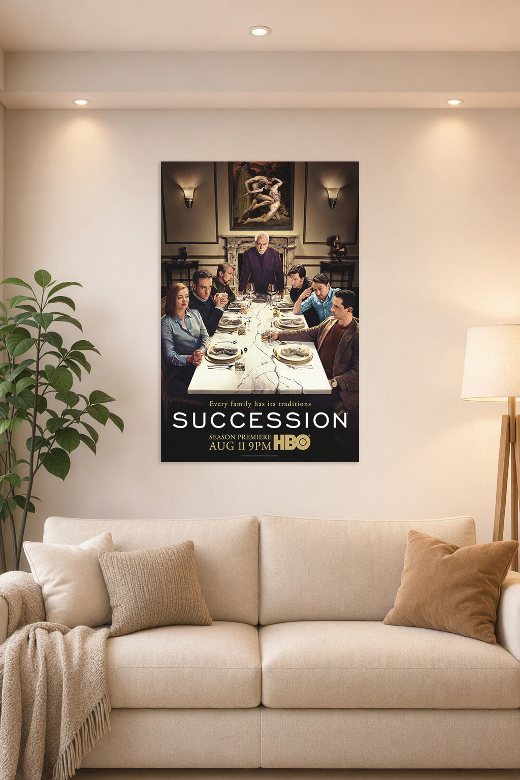 Succession TV Series Roy Family in a bright living room above a beige sofa.