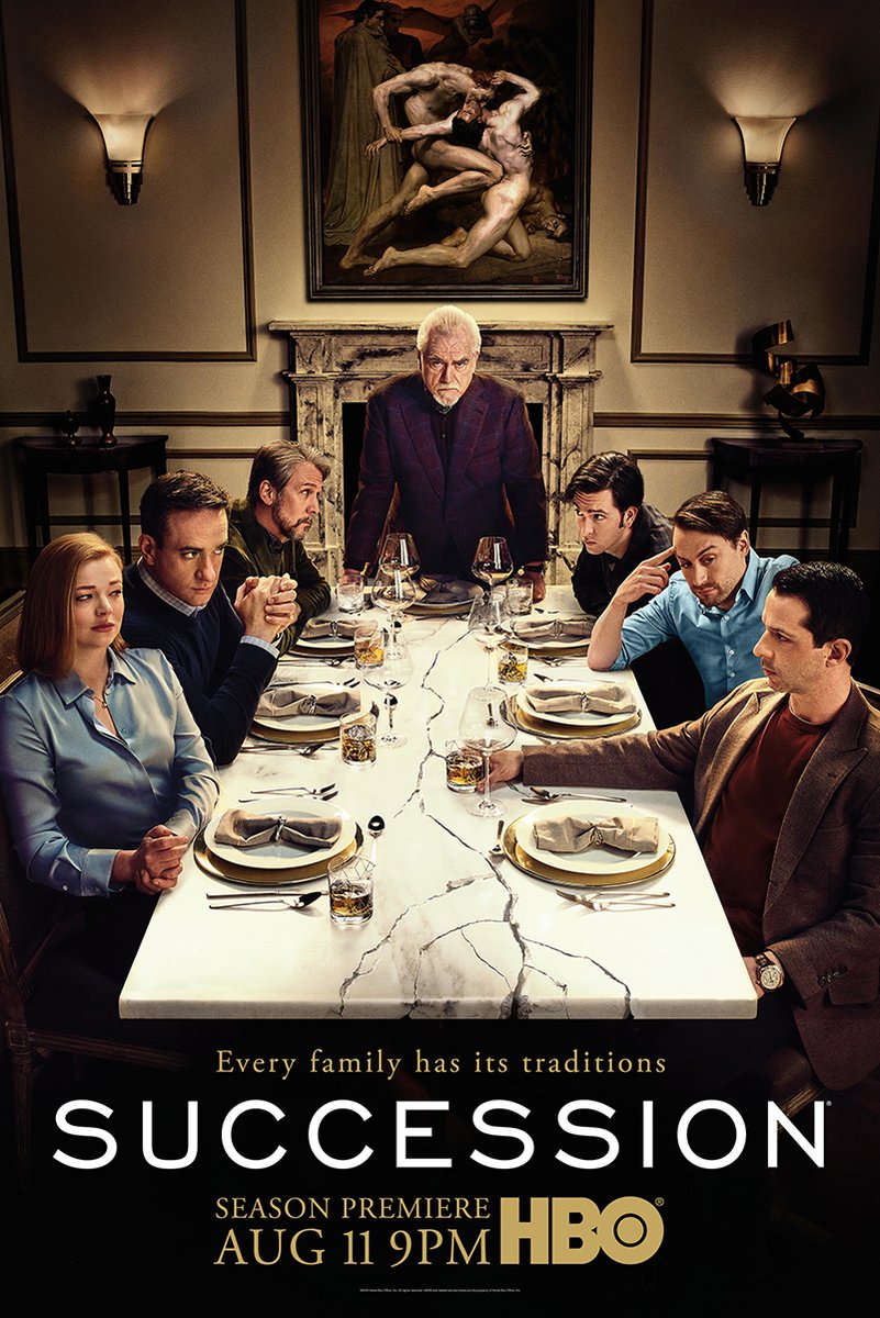 Succession poster features Logan Roy standing over six family members at a cracked marble dinner table in a dim formal room.