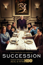 Succession poster features Logan Roy standing over six family members at a cracked marble dinner table in a dim formal room.