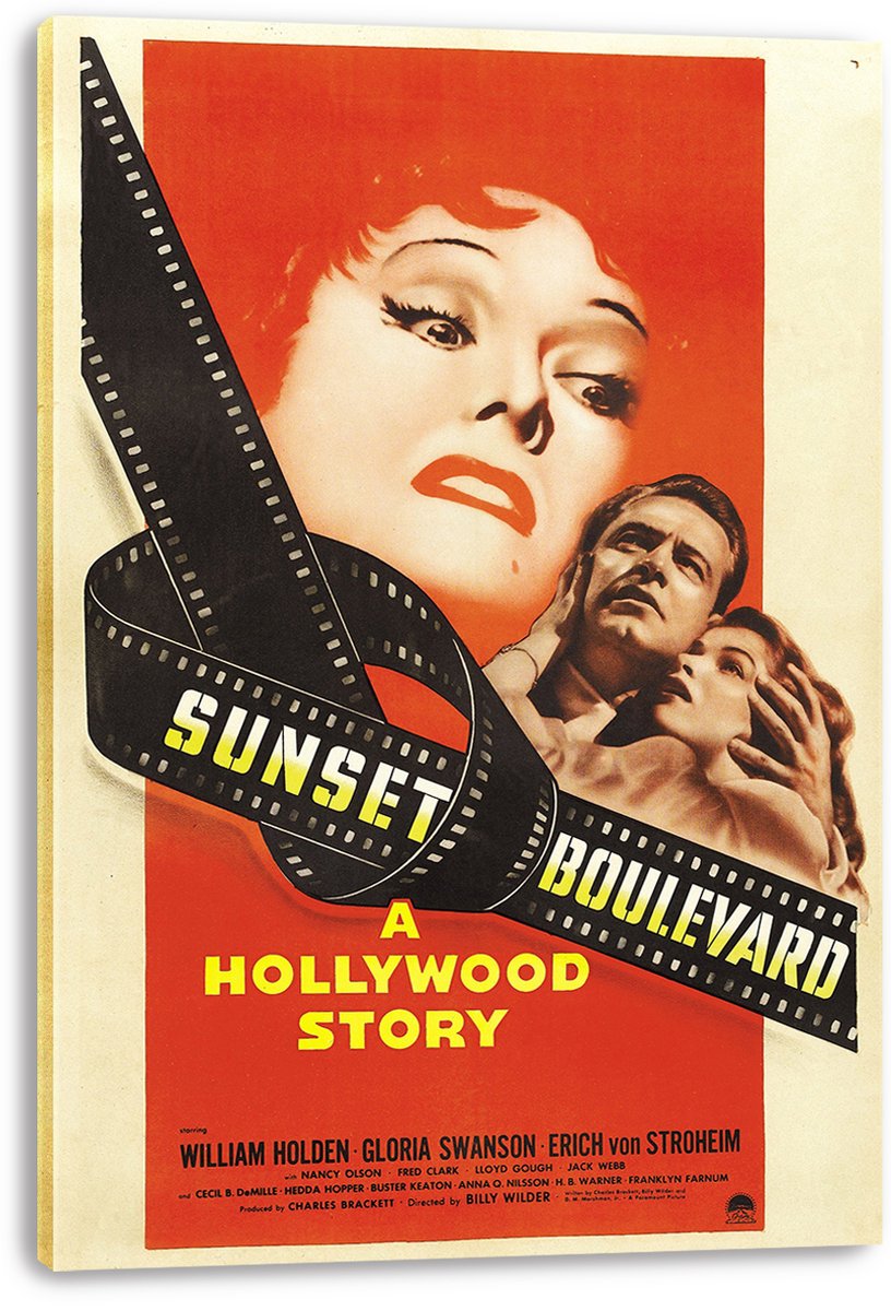 Sunset Boulevard movie poster canvas print featuring a red and cream design, dramatic faces, embracing couple, and black film reel.