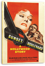 Sunset Boulevard movie poster canvas print featuring a red and cream design, dramatic faces, embracing couple, and black film reel.