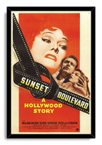 Sunset Boulevard movie poster wall art print in a black frame, with film strip typography, dramatic portraits, and red background.