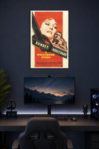 Sunset Boulevard Movie Poster in a gaming desk setup above a monitor.