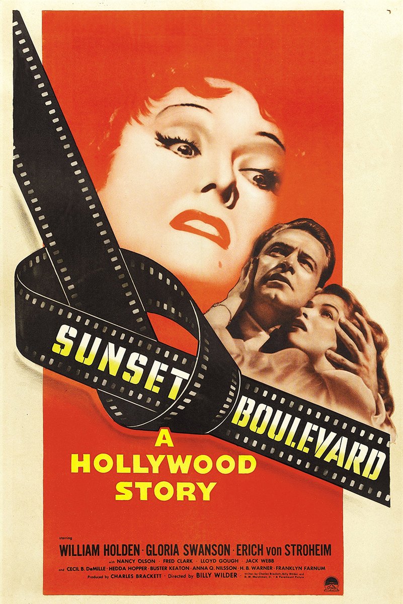 Sunset Boulevard movie poster wall art print with a red backdrop, a woman's close-up, embracing couple, and curling film strip.