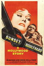 Sunset Boulevard movie poster wall art print with a red backdrop, a woman's close-up, embracing couple, and curling film strip.