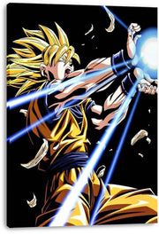 Super Saiyan Goku canvas wall art print with spiked golden hair, orange gi, flying debris, and blue energy beams.