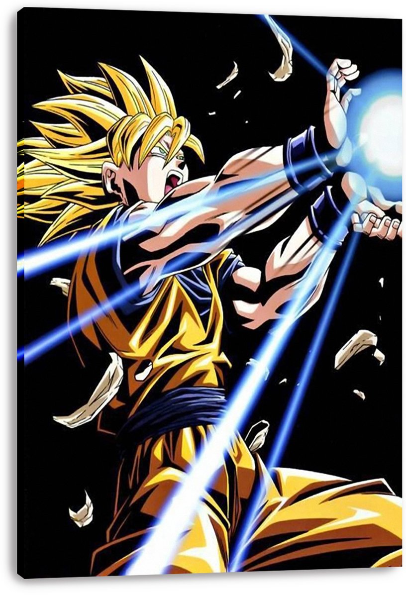 Super Saiyan Goku canvas wall art print with spiked golden hair, orange gi, flying debris, and blue energy beams.
