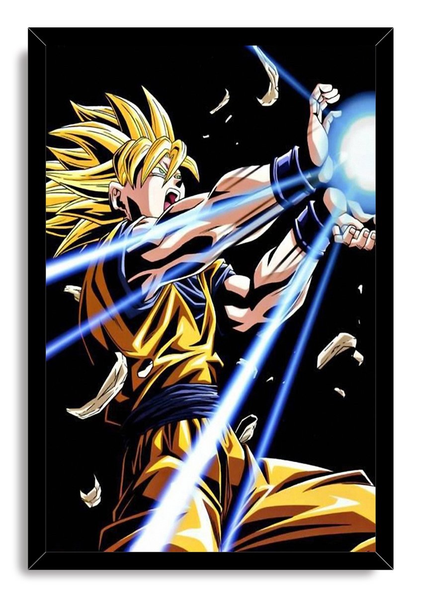 Super Saiyan Goku framed wall art print depicts him launching a glowing blue energy attack amid debris on a black background.