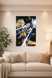 Super Saiyan Goku in a bright living room above a beige sofa.
