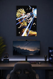 Super Saiyan Goku in a gaming desk setup above a monitor.