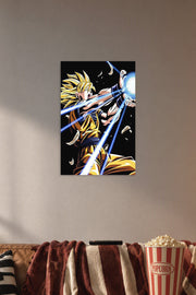 Super Saiyan Goku in a cozy movie room above a brown sofa with popcorn.