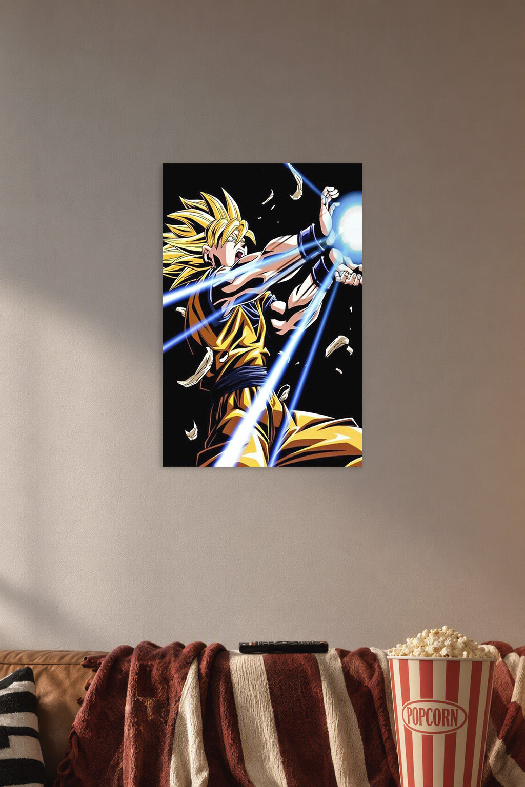 Super Saiyan Goku in a cozy movie room above a brown sofa with popcorn.