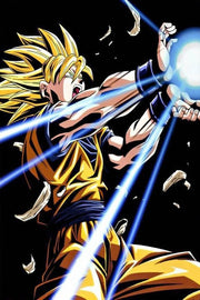 Super Saiyan Goku wall art print firing a bright blue energy sphere, with golden hair and an orange gi on black.