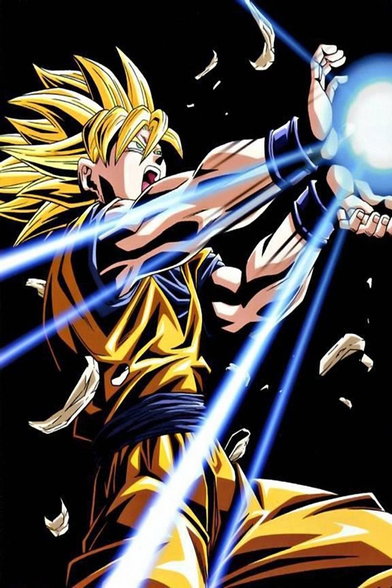 Super Saiyan Goku wall art print firing a bright blue energy sphere, with golden hair and an orange gi on black.