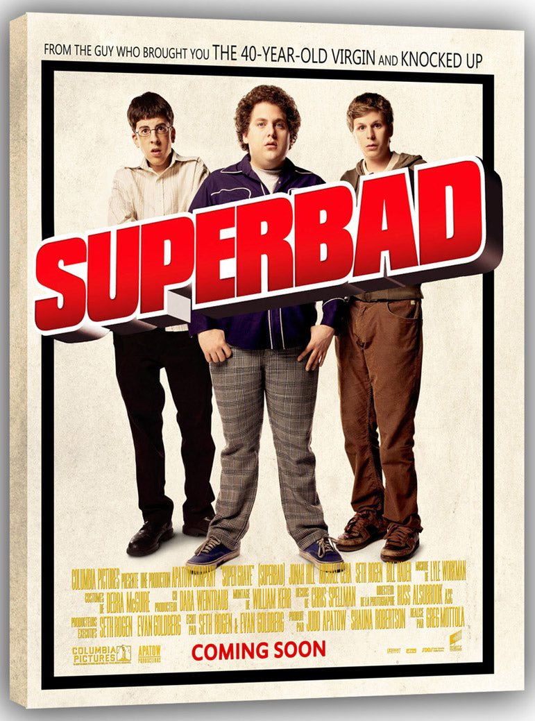 Superbad canvas wall art print featuring three young men, bold red lettering, credits, and a cream border.