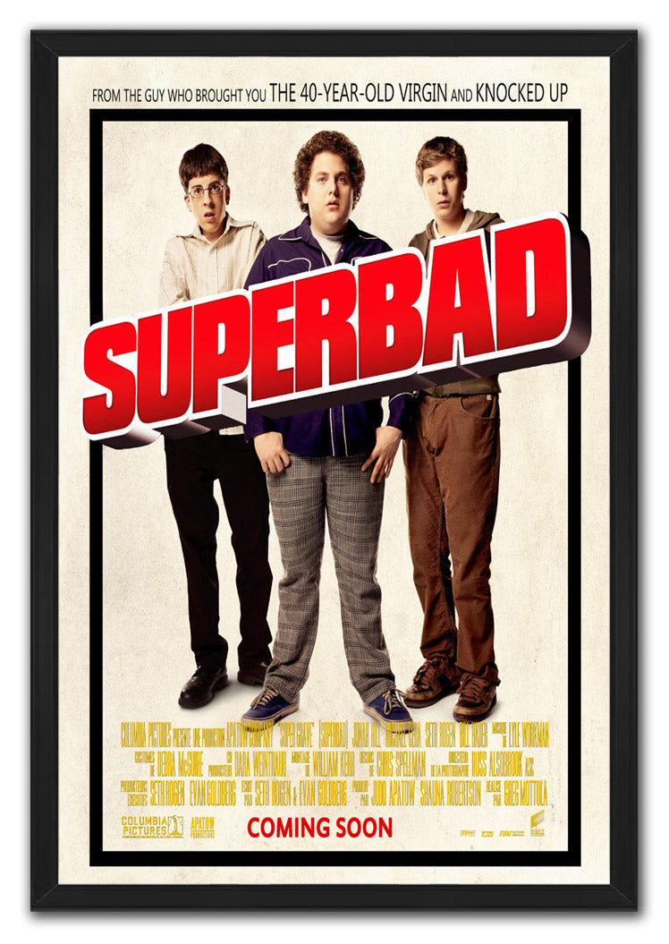 Superbad framed wall art print with three young men, oversized red title text, and black frame.