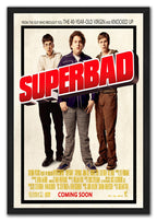 Superbad framed wall art print with three young men, oversized red title text, and black frame.