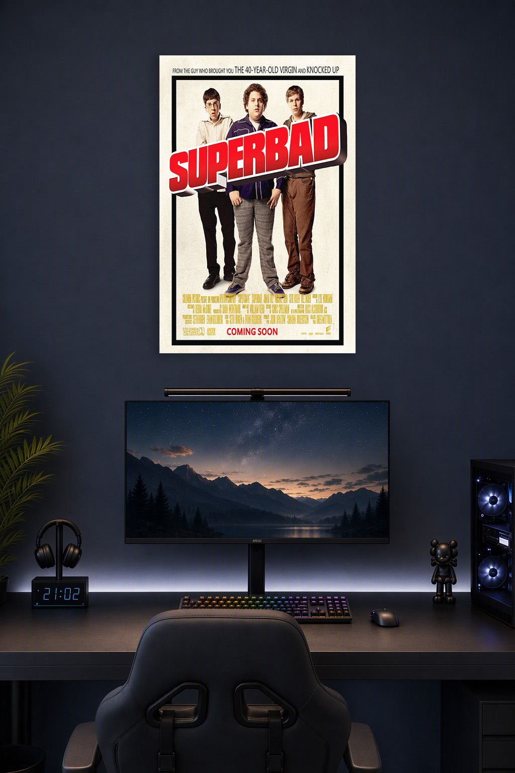 Superbad Movies in a gaming desk setup above a monitor.