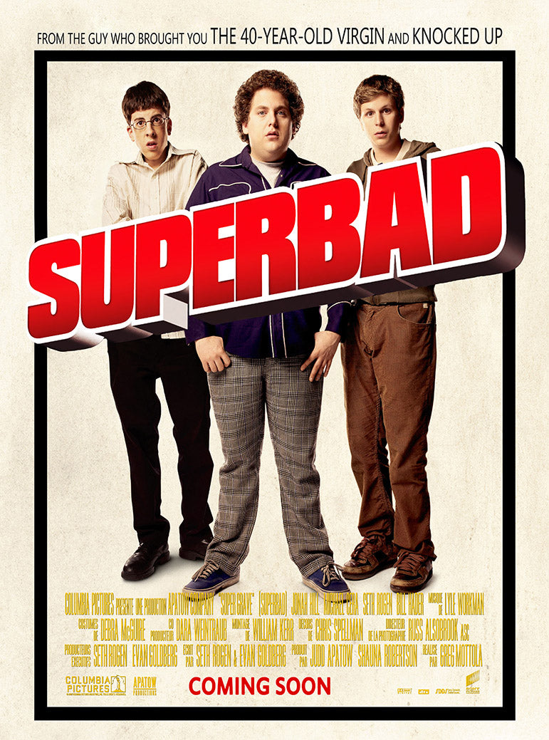 Superbad poster wall art print with three young men beneath a large red title on a cream background.